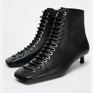 Zara Elegant Black Lace-Up leather ankle Boots 7.5/38